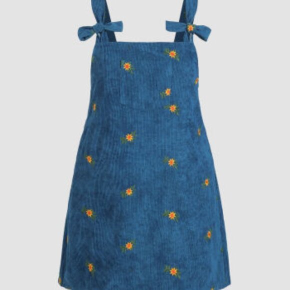 Cider Blue Corduroy Tank Dress with Embroidered Floral Pattern - Picture 3 of 4